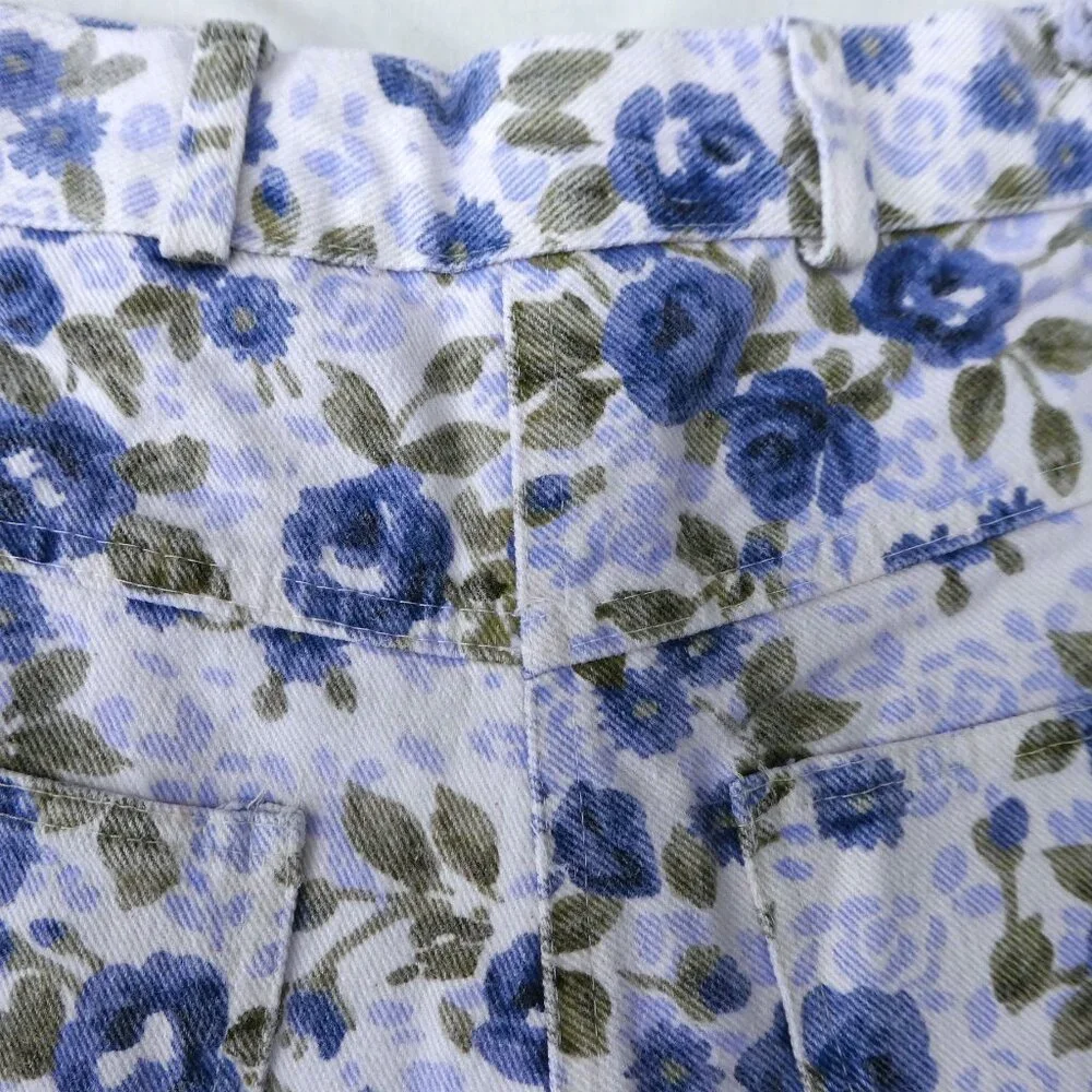 25x9 Vintage Erika Floral Denim Bermuda Shorts High Waist YKK Zip Fly Pockets - Picture 4 of 8